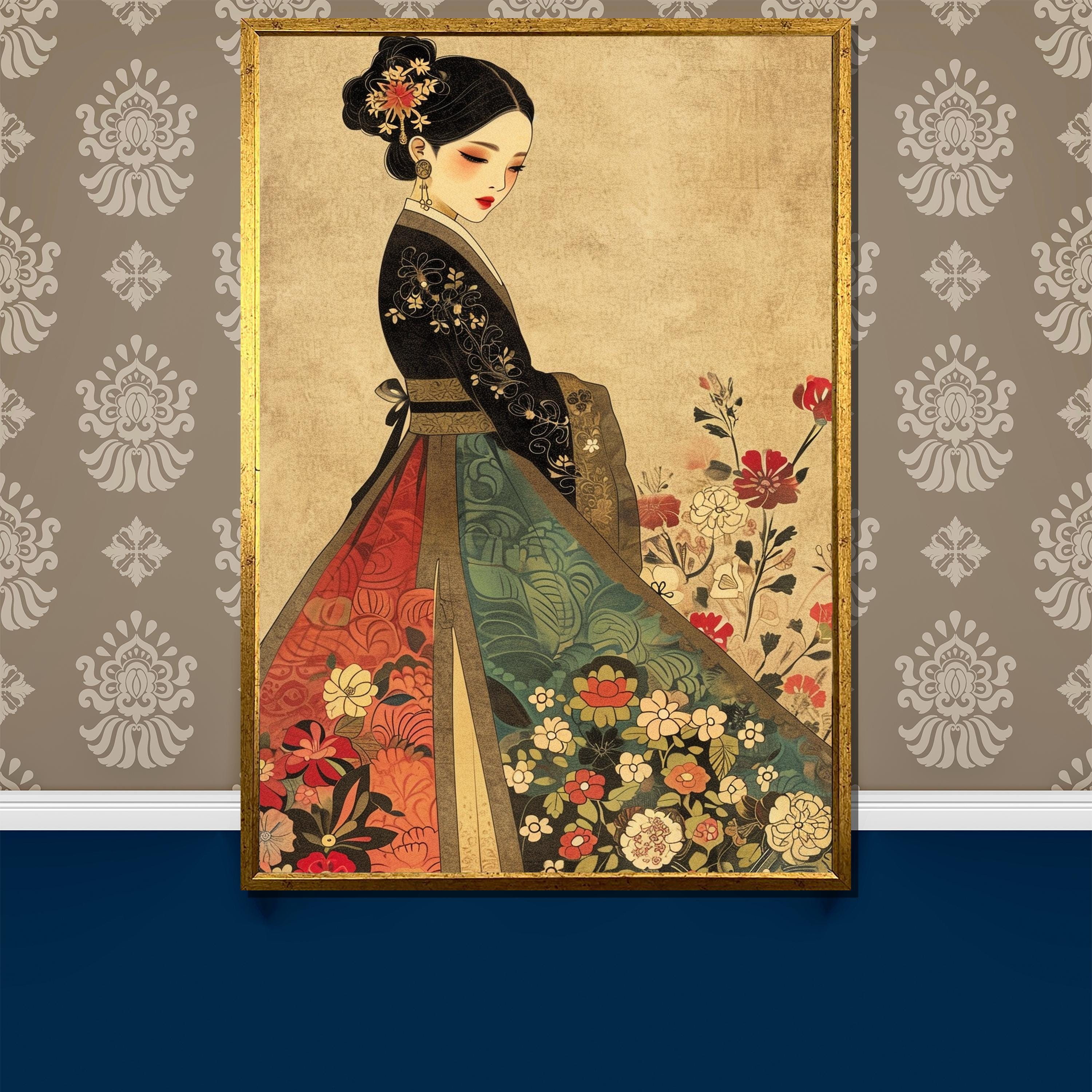 Traditional Asian Woman Canvas Painting Gift, Elegant Vintage