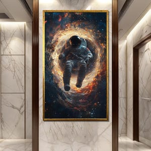 Floating Astronaut Canvas Painting, Cosmic Black Hole Art, Sci-Fi Space Wall Decor, Futuristic Galaxy Print, Astronaut Gift
