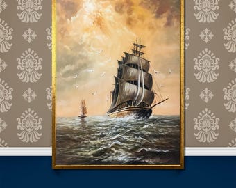 Vintage Tall Ship at Sea Canvas Painting, Nautical Marine Scene for Home, Antique Sailing Art Gift, Classic Ocean Voyage Wall Decor