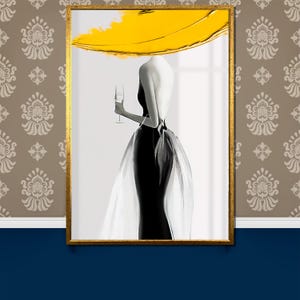 Elegante cuadro abstracto de mujer con sombrero amarillo y champán: arte minimalista moderno para un regalo con estilo.