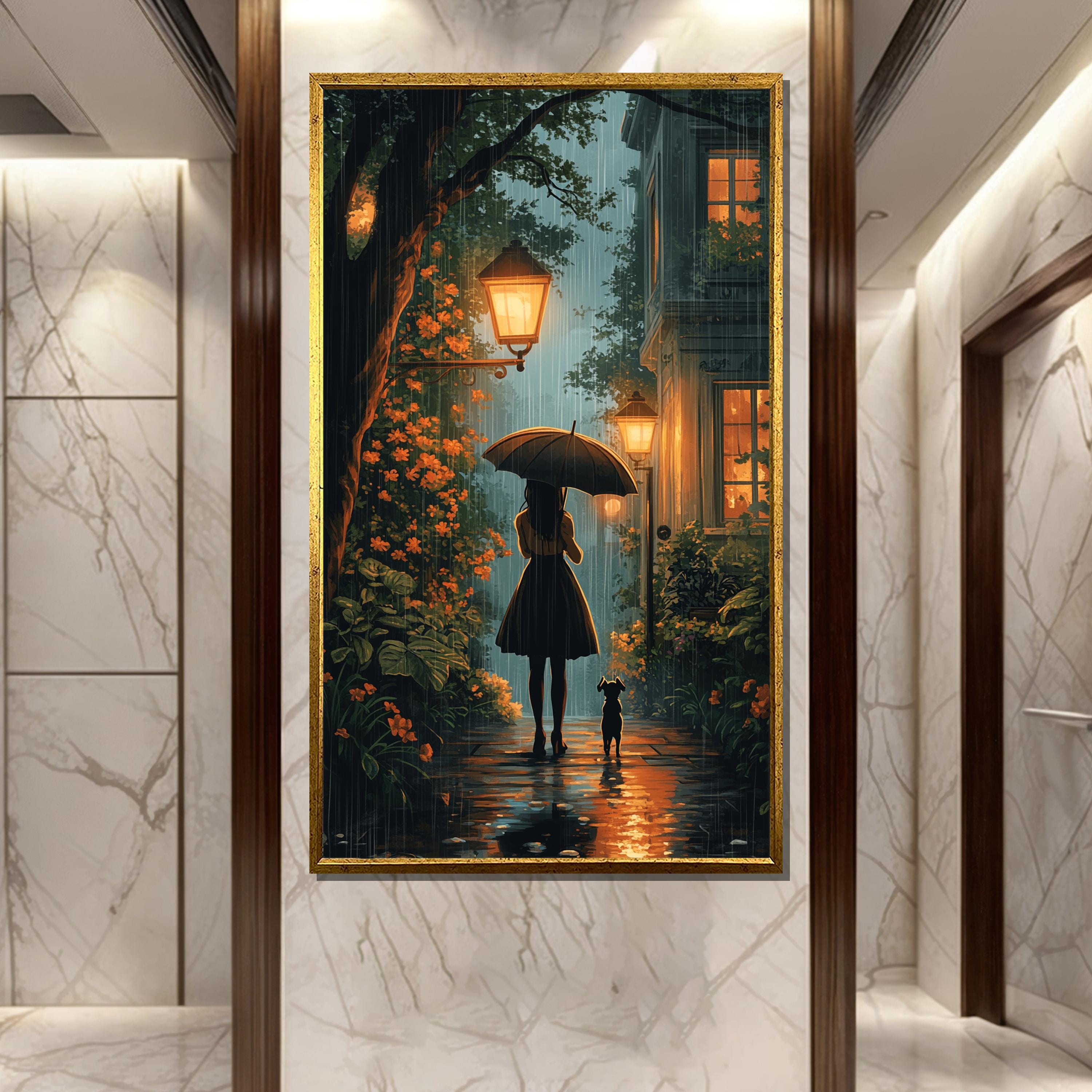 Cozy Rainy Night Canvas Painting – Girl with Umbrella ,Dog – Warm Light & Tranquil Atmosphere Wall Art