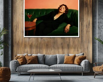 Retro Woman on Green Sofa Canvas Art, Vintage Cocktail Lounge Wall