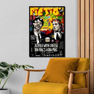Puede incluir: Una ilustraci&oacute;n colorida de estilo graffiti de dos hombres con trajes negros. El texto "FICTION" est&aacute; en letras grandes de color amarillo en la parte superior de la imagen. El texto "ROYALE WITH CHEESE BIG MAC'S A BIG MAC" est&aacute; en el centro de la imagen. La imagen es de estilo pop art.