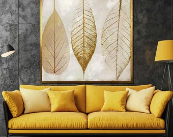 Elegant canvas schilderij bladgoud - minimalistische botanische muurkunst cadeau voor modern interieur, natuurlijke bladtextuur schilderij voor woonkamer