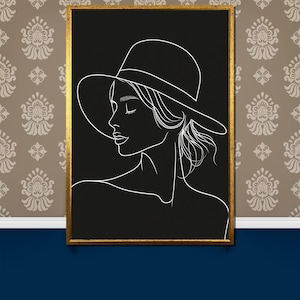 Minimalist Line Art Woman Canvas Painting - Elegant Hat Silhouette, Chic Modern Wall Art Gift for Stylish Home Decor&quot;