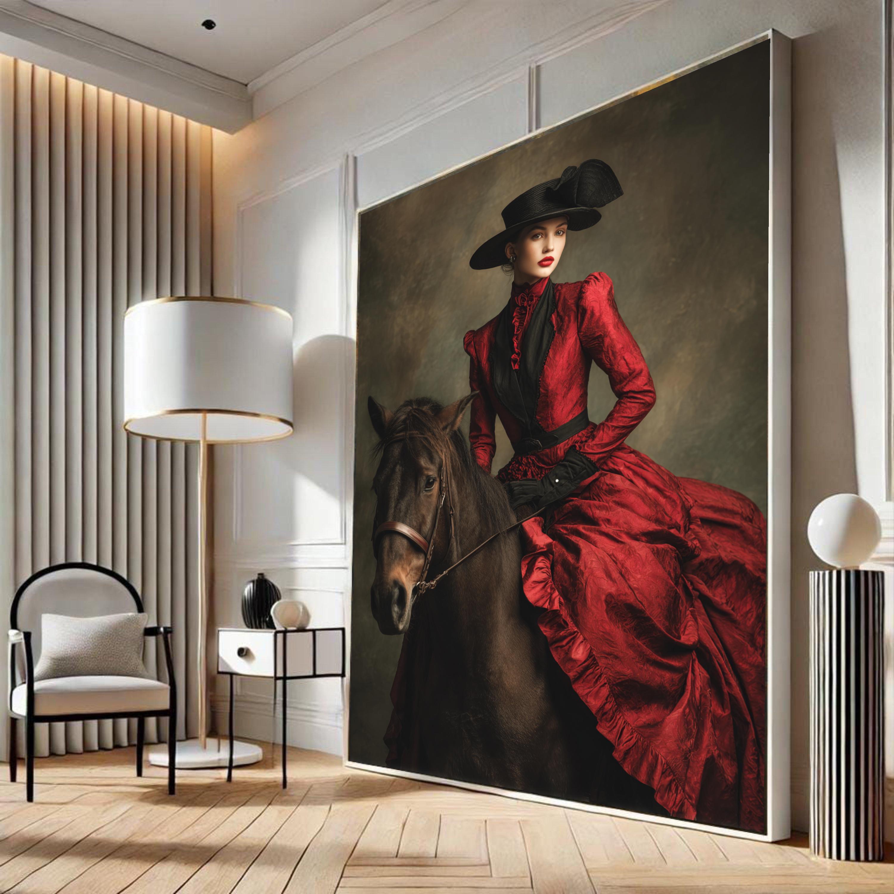 Victorian Woman in Red Dress Riding Horse Canvas, Elegant Equestrian ...