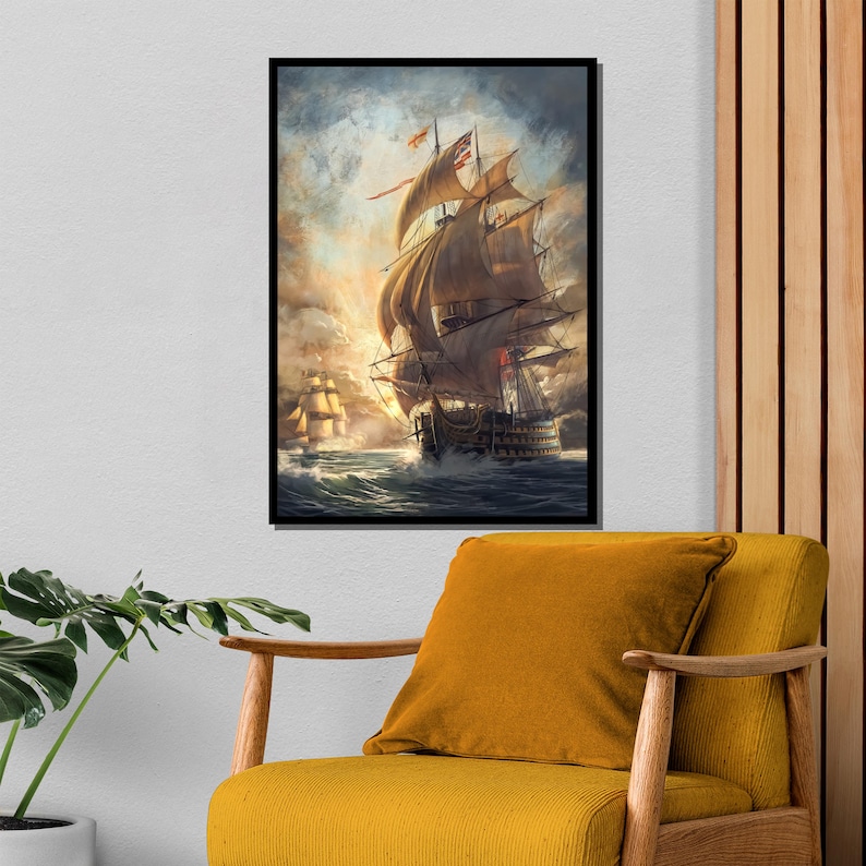 Historic Sailing Ship Canvas Painting, Nautical Maritime Decor Gift, Vintage Tall Ship Artwork for Elegant Ocean-Themed Wall Decor image 3
