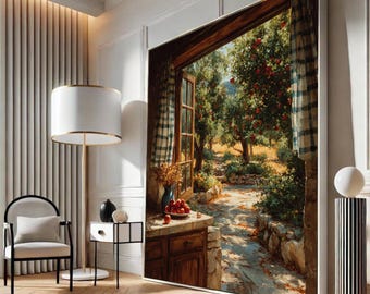May include: Large framed artwork depicting a sunlit outdoor scene viewed through a window. The painting features a stone path, fruit trees with red fruit, and a rustic wooden window frame. A vase of flowers and a bowl of fruit sit on a stone counter.
