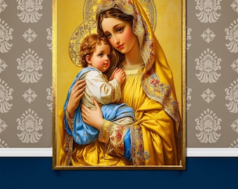 Madonna and Child Canvas Painting with Golden Halo and Blue Mantle – Cherished Religious Art Gift for Devotional Home Decor
