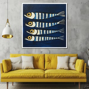 May include: A painting of four blue and white striped fish with yellow eyes on a dark blue background.