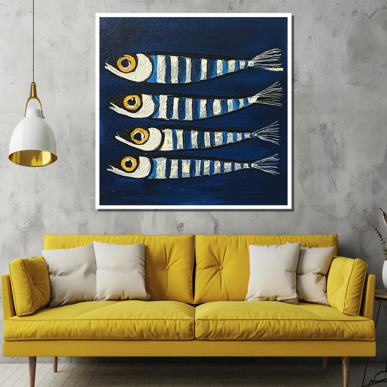 May include: A painting of four blue and white striped fish with yellow eyes on a dark blue background.