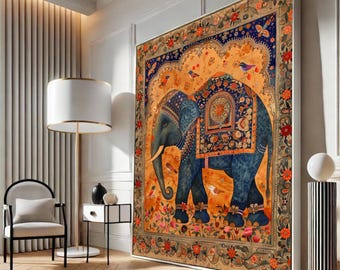 Majestueuze Indiase olifant canvas, sierlijke bloemen mandala muurkunst, traditionele dieren schilderij, kleurrijk interieur canvas, exotische dieren in het wild