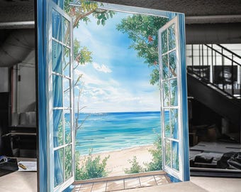Canvastavla med havsutsikt genom öppet fönster, väggkonst med strandlandskap, kustnatur, canvasdekor med lugn havsutsikt, redo att hängas
