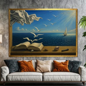 Surrealer Ozeantraum Leinwanddruck mit fliegenden Büchervögeln und Segelboot, phantasievolles Wandkunstgeschenk für Leser, Träumer und Meeresliebhaber