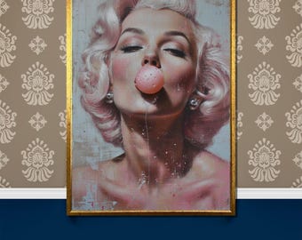 Iconic Marilyn Monroe Bubblegum Portrait Canvas Painting - Perfect Retro Art Gift for Vintage Lovers and Glam Wall Decor