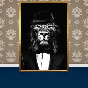 Classy Lion in Suit Canvas Painting | Black and White Wall Art Gift for Stylish Spaces | Bold Animal Portrait Decor