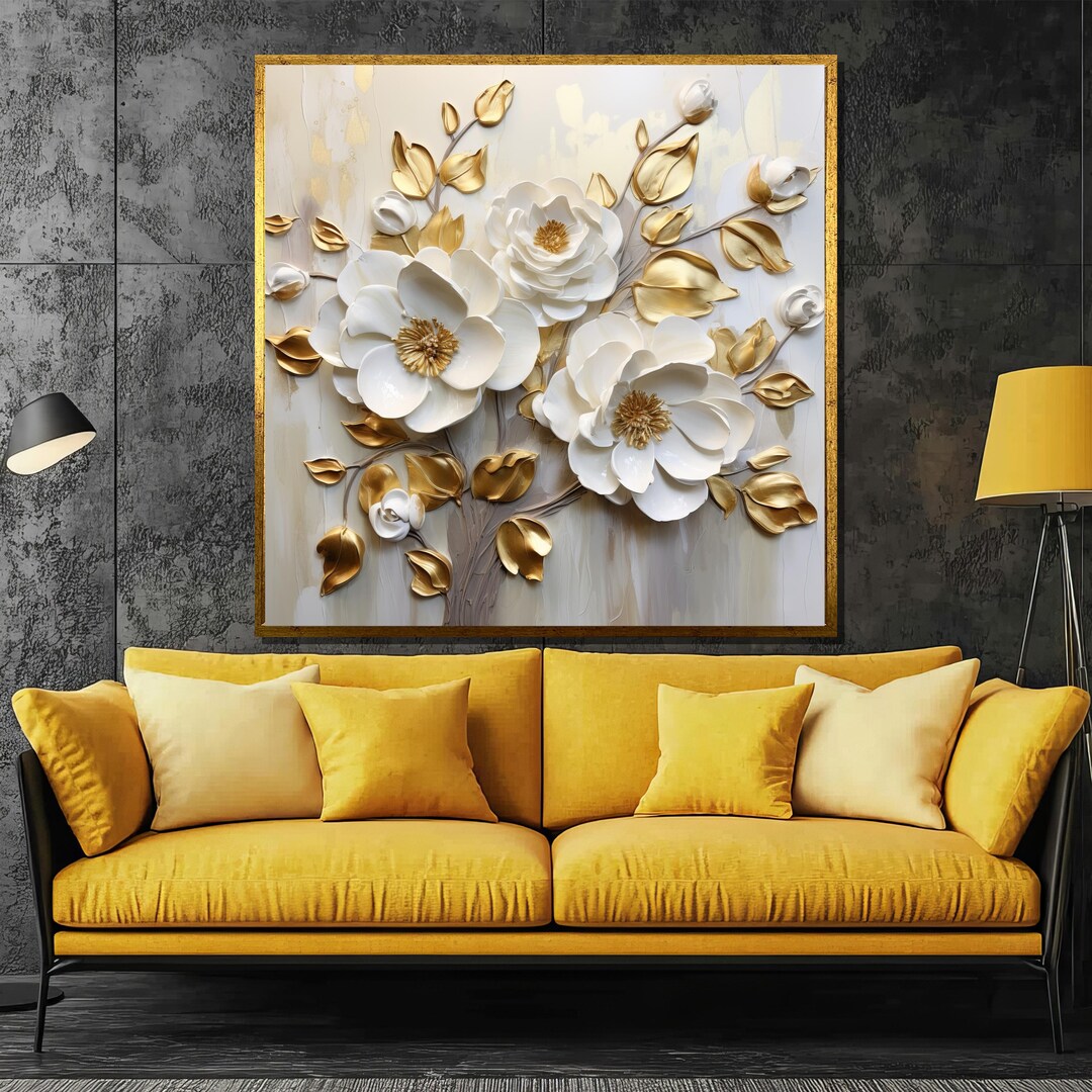 Elegant White and Gold Floral Canvas Painting - 3D Flower Art Wall ...