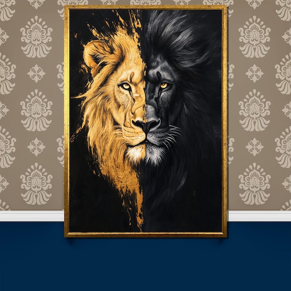 希少　BURTON LION 158cm名作グラフィック 黒×金 良品 金と黒のライオンのキャンバス画 | 光と闇の二重性 | 雄大なライオンの