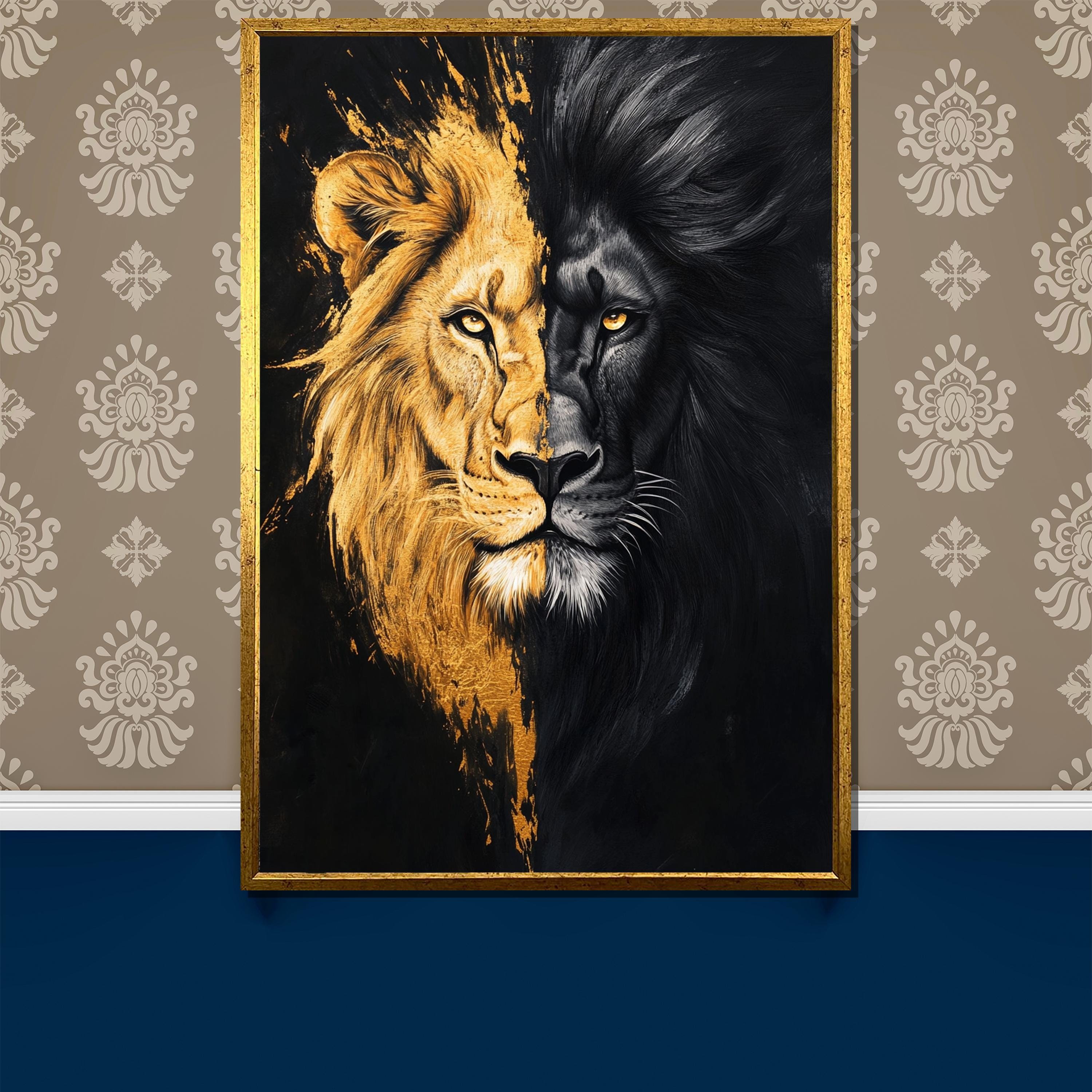 Golden and Black Lion Canvas Painting | Duality of Light and