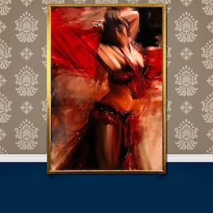 Dynamic Belly Dancer Canvas Painting - Passionate Red Veil Wall Art - Exotic Gift for Art Enthusiasts and Dance Lovers