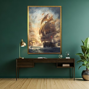 May include: A framed painting of a large sailing ship with billowing sails, set against a dramatic sky with clouds. The ship is in the foreground, with a smaller ship in the distance. The painting is in a gold frame.