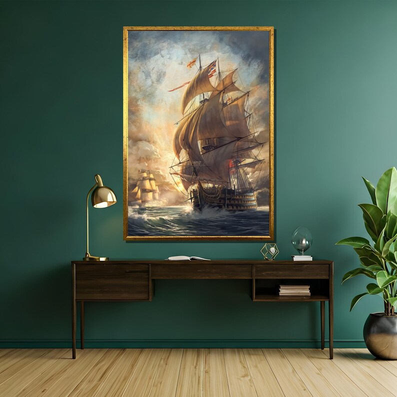 May include: A framed painting of a large sailing ship with billowing sails, set against a dramatic sky with clouds. The ship is in the foreground, with a smaller ship in the distance. The painting is in a gold frame.