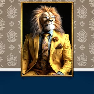 Dapper Lion in Stylish Suit Canvas Painting | Bold Animal Portrait Wall Art Gift | Sophisticated Decor for Luxury Living Spaces