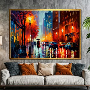 Colorful Rainy Cityscape Canvas Painting | Vibrant Urban Street Art Gift with Umbrella Reflections for Contemporary Home Decor