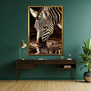 May include: A close-up of a zebra drinking from a pool of water. The zebra's black and white stripes are visible, and the water is reflecting the light. The zebra's head is tilted down, and its nose is touching the water.
