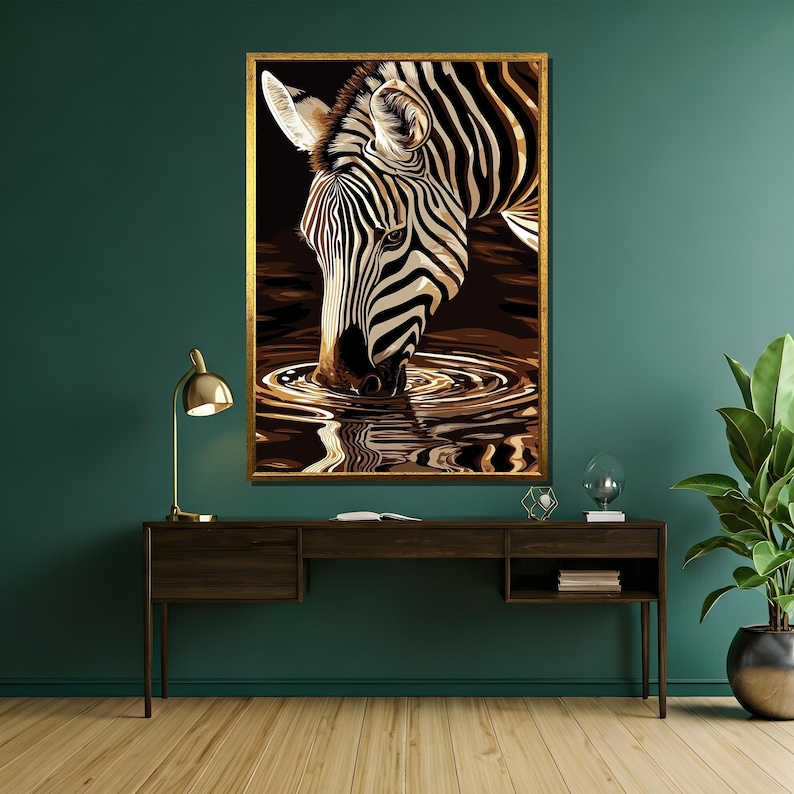 May include: A close-up of a zebra drinking from a pool of water. The zebra's black and white stripes are visible, and the water is reflecting the light. The zebra's head is tilted down, and its nose is touching the water.