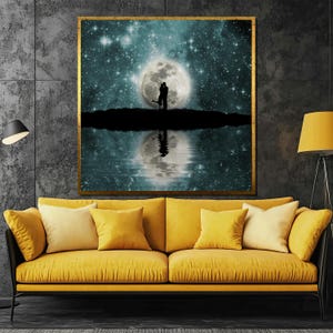 Romantic Moonlit Couple Silhouette Canvas Painting - Enchanting Starry Sky Reflected in Water, Perfect Wall Art Gift for Lovers