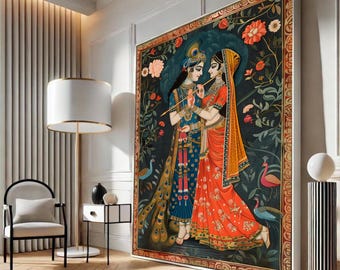 Radha Krishna Romantic Pose Canvas, Indian Mythology Wall Art, Traditional Hindu Deity Painting, Decorative Canvas Art, Spiritual Home Decor