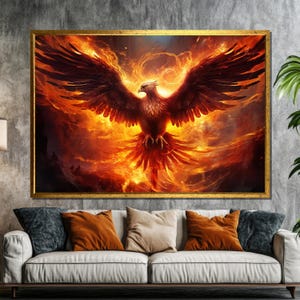 May include: A fiery phoenix with outstretched wings, rising from a bed of flames. The phoenix is a mythical creature that symbolizes rebirth and renewal.