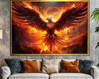 Fiery Phoenix Canvas Painting | Majestic Mythical Bird Wall Art | Bold Statement Gift for Fantasy and Mythology Lovers | Home Decor