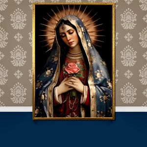 Madonna of the Rose Devotional Canvas Painting Gift: Virgin Mary with Golden Halo Holding a Rose for Sacred Home Decor