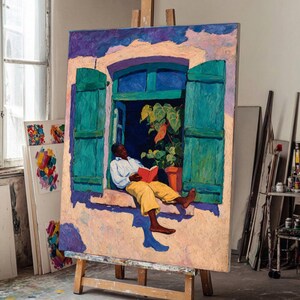 May include: An oil painting on canvas depicting a person sitting in a window frame with open green shutters, reading a red book. The person wears a white shirt and yellow trousers. A potted plant sits beside them against a textured purple and beige wall.