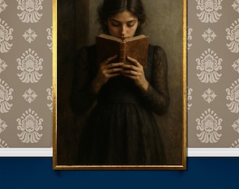 May include: A painting of a woman in a black dress reading a book. The woman is looking down at the book, which is open and has a brown leather cover. The painting is set against a dark background.