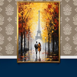 Romantic Paris Stroll Canvas Painting | Eiffel Tower Autumn Scene | Perfect Wall Art Gift for Couples and Home Decor
