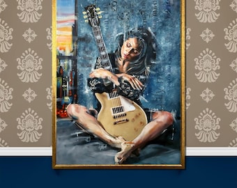 Cuadro en lienzo de un guitarrista melancólico: arte mural emotivo para amantes de la música. Un regalo único para músicos y entusiastas del arte.