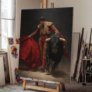 May include: A large painting on an easel depicts a matador in a red and gold suit facing a black bull. The matador holds a red cape, and the bull is charging forward. The artwork is displayed in a studio setting.