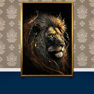 Op de afbeelding: Een zwarte leeuw met een gouden manen, zijn hoofd gedraaid naar de zijkant, tegen een donkere achtergrond met gouden swirls.