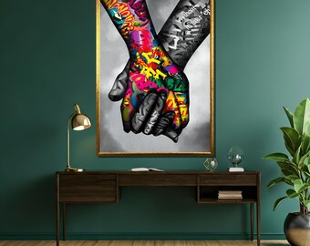 Vibrant Graffiti Holding Hands Canvas Painting - Bold Urban Art