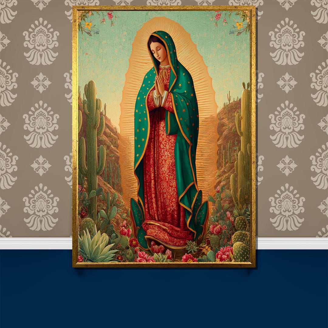 Serene Virgin Mary in Blue and Gold Robe Holding Her Radiant Immaculate ...