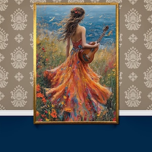 Romantic Music-Inspired Canvas Painting - Woman in Flowing Dress with Guitar, Perfect Gift for Art and Nature Lovers