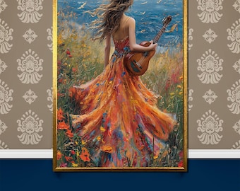 Romantic Music-Inspired Canvas Painting - Woman in Flowing Dress with Guitar, Perfect Gift for Art and Nature Lovers