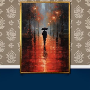 Romantic Rainy Street Scene Canvas Painting | Modern Atmospheric Artwork | Elegant Wall Decor Gift for Home