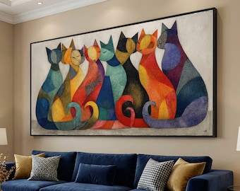May include: A large rectangular painting featuring seven stylized cats in a row. Each cat is a different color, including blue, yellow, orange, and black. The artwork has a modern, geometric style and is framed in black.