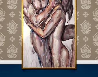 Passionate Lovers Embrace Canvas Painting, Sensual Abstract Couple Wall Art Gift, Emotional Intimacy Artwork for Romantic Home Decor
