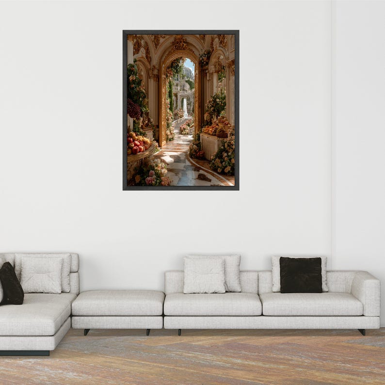 Verzierte Gartentorbogen-Leinwand, luxuriöse Blumenkorridor-Wandkunst, eleganter barocker Innendruck, klassische Gartenweg-Leinwand, fertig zum Aufhängen Black Frame