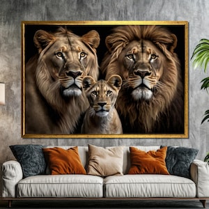 Majestic Lion Family Canvas Painting | Stunning Wildlife Wall Art for Living Room Decor | Perfect Gift for Animal and Nature Lovers